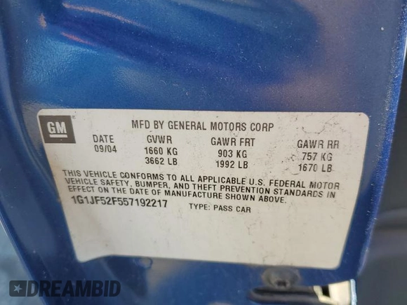 2005 Chevrolet Cavalier LS with VIN 1G1JF52F557192217, listed as a Copart auction lot 44509355 with 142,089 mi miles and Salvage Title. Bid and sale history available at DreamBid. Image 12.