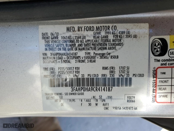 2012 Ford Fusion SE with VIN 3FAHP0HA9CR414187, listed as a Copart auction lot 50431705 with 20,885 mi miles and Salvage Title. Bid and sale history available at carsss.com. Image 12.