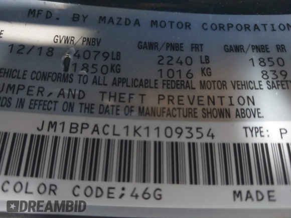 2019 Mazda 3 Select with VIN JM1BPACL1K1109354, listed as a IAAI auction lot 41863243 with 58,520 mi miles and . Bid and sale history available at DreamBid. Image 9.