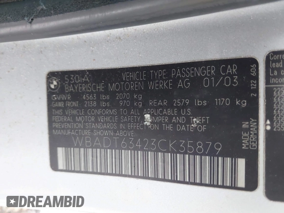 2003 BMW 5 Series 530iA with VIN WBADT63423CK35879, listed as a IAAI auction lot 41648026 with 193,119 mi miles. Bid and sale history available at carsss.com. Image 9.