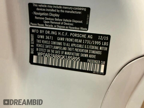 2016 Porsche Cayman S with VIN WP0AB2A88GK185895, listed as a Copart auction lot 54412305 with 27,100 mi miles and Salvage Title. Bid and sale history available at DreamBid. Image 10.