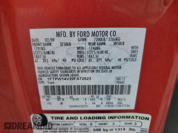 2009 Ford F-150 XL z VIN 1FTPW14V29FA72823, wystawiony jako Copart lot #51605035 z przebiegiem 109 881 mil mil oraz Szkoda całkowita • Salvage title. Historia ofert i sprzedaży dostępna na DreamBid. Obrazek 13.