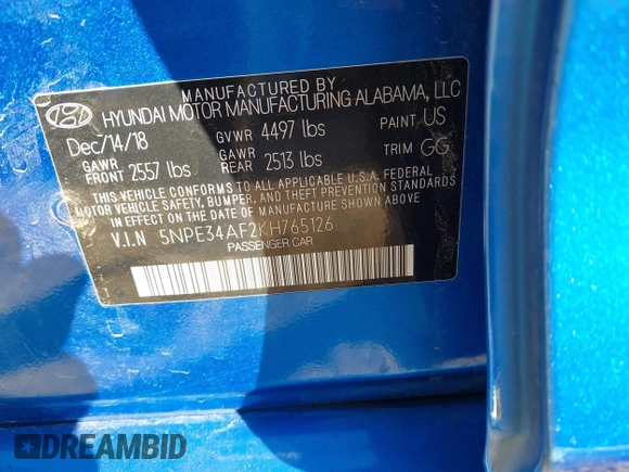 2019 Hyundai Sonata SEL with VIN 5NPE34AF2KH765126, listed as a IAAI auction lot 41888794 with 158,317 mi miles and . Bid and sale history available at DreamBid. Image 9.