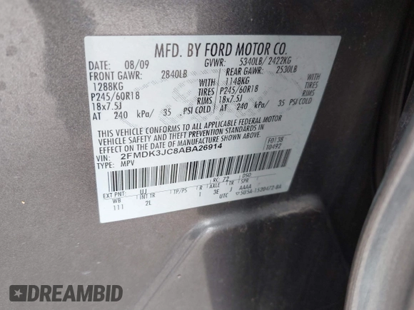 2010 Ford Edge SEL with VIN 2FMDK3JC8ABA26914, listed as a IAAI auction lot 41723262 with 224,072 mi miles. Bid and sale history available at carsss.com. Image 9.