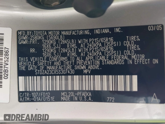 2005 Toyota Sienna CE with VIN 5TDZA23CX5S307430, listed as a IAAI auction lot 42058219 with 97,391 mi miles and . Bid and sale history available at DreamBid. Image 9.