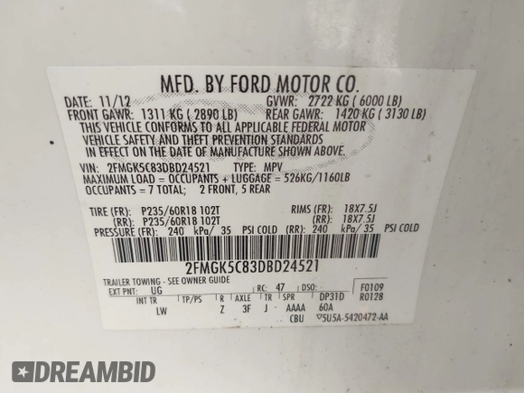 2013 Ford Flex SEL z VIN 2FMGK5C83DBD24521, wystawiony jako IAAI lot #42211607 z przebiegiem 95 735 mil mil oraz . Historia ofert i sprzedaży dostępna na DreamBid. Obrazek 9.