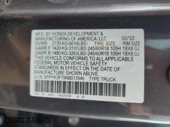2022 Honda Ridgeline RTL-E with VIN 5FPYK3F79NB013946, listed as a Copart auction lot 55568745 with 21,541 mi miles and Salvage title. Bid and sale history available at DreamBid. Image 12.