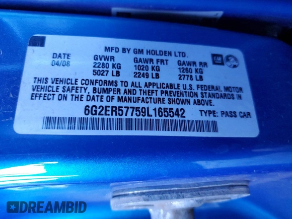 2009 Pontiac G8 with VIN 6G2ER57759L165542, listed as a Copart auction lot 89190425 with 179,085 mi miles and Clean Title. Bid and sale history available at DreamBid. Image 12.