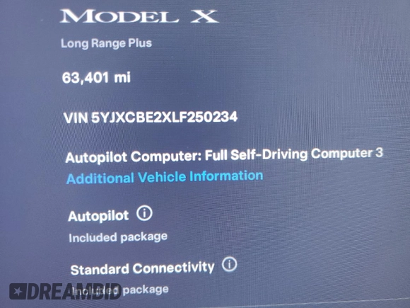 2020 Tesla Model X Long Range with VIN 5YJXCBE2XLF250234, listed as a Copart auction lot 42236365 with 63,401 mi miles and Non Repairable. Bid and sale history available at carsss.com. Image 9.