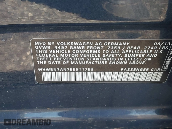 2014 Volkswagen CC Sport z VIN WVWBN7AN7EE511759, wystawiony jako IAAI lot #42002504 z przebiegiem 111 900 mil mil oraz . Historia ofert i sprzedaży dostępna na DreamBid. Obrazek 9.