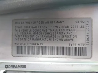 2003 Volkswagen EuroVan MV with VIN WV2MB47073H043489, listed as a IAAI auction lot 42030772 with Not Provided miles and . Bid and sale history available at DreamBid. Image 9.