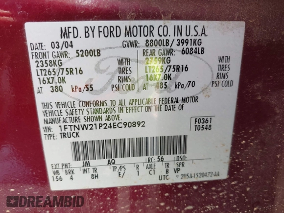 2004 Ford F-250 XL with VIN 1FTNW21P24EC90892, listed as a IAAI auction lot 42078057 with 243,464 mi miles and . Bid and sale history available at DreamBid. Image 9.