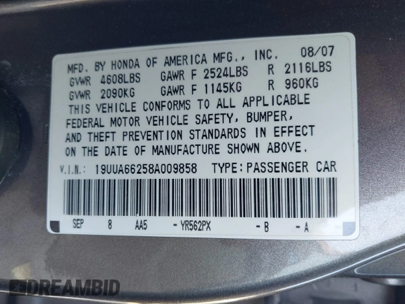 2008 Acura TL with VIN 19UUA66258A009858, listed as a IAAI auction lot 41786617 with 1 mi miles. Bid and sale history available at carsss.com. Image 9.