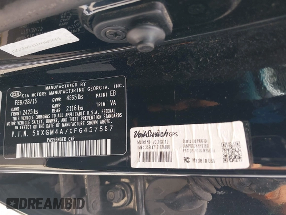 2015 Kia Optima LX with VIN 5XXGM4A7XFG457587, listed as a IAAI auction lot 42162593 with Not Provided miles. Bid and sale history available at carsss.com. Image 9.