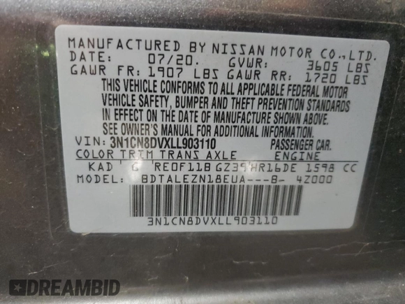 2020 Nissan Versa S with VIN 3N1CN8DVXLL903110, listed as a Copart auction lot 50748335 with 36,981 mi miles and Salvage Title. Bid and sale history available at carsss.com. Image 12.