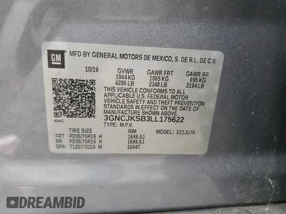 2020 Chevrolet Trax LS z VIN 3GNCJKSB3LL175622, wystawiony jako Copart lot #63316885 z przebiegiem Nie podano mil oraz Szkoda całkowita • Salvage title. Historia ofert i sprzedaży dostępna na DreamBid. Obrazek 13.