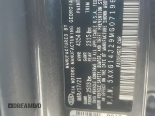 2021 Kia K5 LXS with VIN 5XXG14J29MG071964, listed as a Copart auction lot 50666585 with 95,702 mi miles and Non Repairable. Bid and sale history available at carsss.com. Image 12.