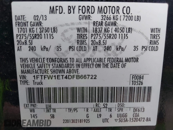 2013 Ford F-150 XL with VIN 1FTFW1ET4DFB66722, listed as a IAAI auction lot 41691976 with 160,634 mi miles. Bid and sale history available at carsss.com. Image 9.