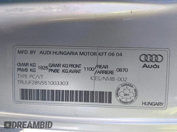 2005 Audi TT with VIN TRUUF28N551003303, listed as a IAAI auction lot 42697103 with 179,087 mi miles and . Bid and sale history available at DreamBid. Image 9.