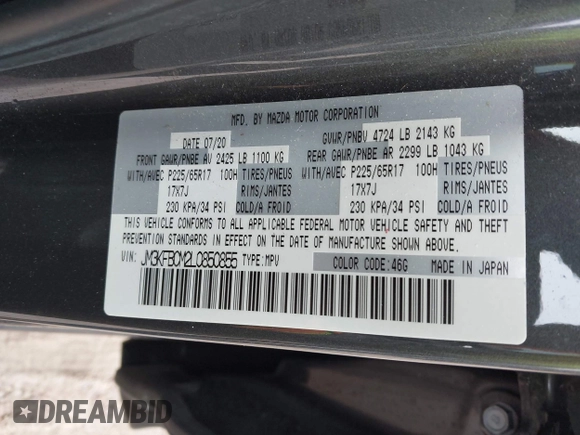 2020 Mazda CX-5 Touring with VIN JM3KFBCM2L0850855, listed as a IAAI auction lot 42147339 with 75,955 mi miles and . Bid and sale history available at carsss.com. Image 9.