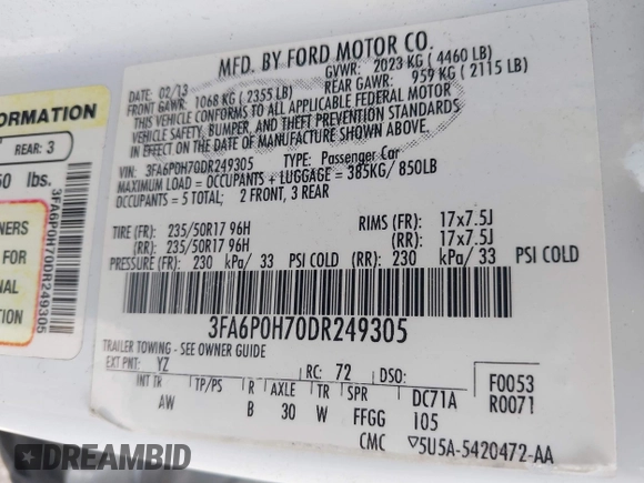2013 Ford Fusion SE with VIN 3FA6P0H70DR249305, listed as a IAAI auction lot 42194528 with 122,810 mi miles and . Bid and sale history available at carsss.com. Image 9.