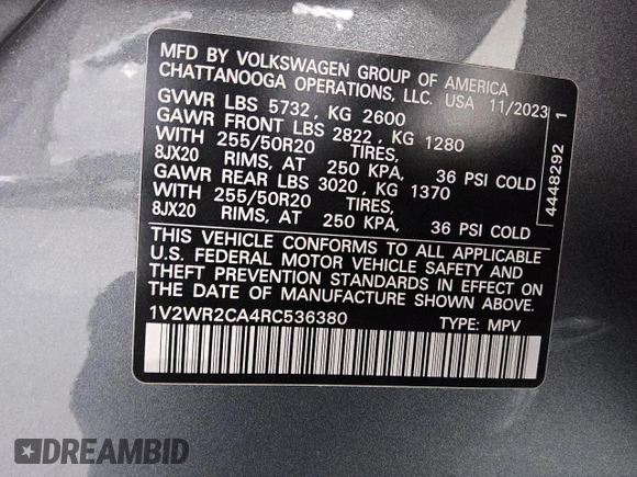 2024 Volkswagen Atlas SE with VIN 1V2WR2CA4RC536380, listed as a Copart auction lot 57678825 with 35,361 mi miles and Clean title. Bid and sale history available at DreamBid. Image 12.