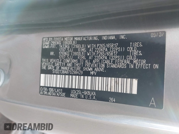 2007 Toyota Sequoia Limited with VIN 5TDZT38A87S298429, listed as a IAAI auction lot 41303386 with 244,837 mi miles and . Bid and sale history available at DreamBid. Image 9.