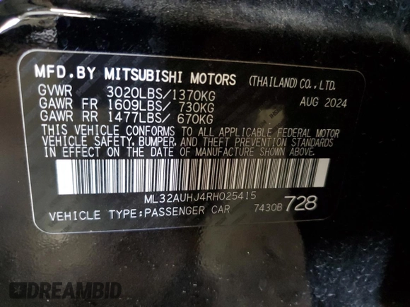 2024 Mitsubishi Mirage ES z VIN ML32AUHJ4RH025415, wystawiony jako Copart lot #60139955 z przebiegiem 10 109 mil mil oraz Czysty tytuł • Clean title. Historia ofert i sprzedaży dostępna na DreamBid. Obrazek 13.