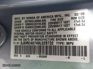 2009 Honda CR-V EX-L with VIN 5J6RE48749L028732, listed as a IAAI auction lot 41884092 with 164,402 mi miles. Bid and sale history available at carsss.com. Image 9.