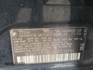 2006 BMW 3 Series 325i z VIN WBAVB135X6PT13731, wystawiony jako Copart lot #63491885 z przebiegiem Nie podano mil oraz Szkoda całkowita • Salvage title. Historia ofert i sprzedaży dostępna na DreamBid. Obrazek 12.