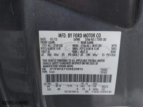 2013 Ford F-150 XL with VIN 1FTFW1ET1DKE23813, listed as a IAAI auction lot 41784232 with 140,886 mi miles. Bid and sale history available at carsss.com. Image 9.