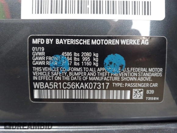 2019 BMW 3 Series 330i with VIN WBA5R1C56KAK07317, listed as a IAAI auction lot 42034264 with 43,448 mi miles and . Bid and sale history available at DreamBid. Image 9.