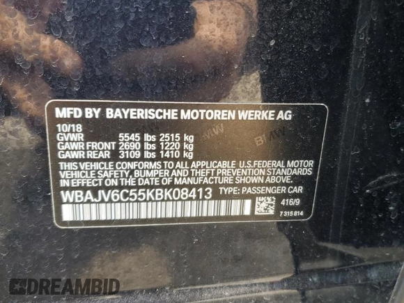 2019 BMW 6 Series 640i xDrive with VIN WBAJV6C55KBK08413, listed as a Copart auction lot 54027364 with 36,698 mi miles. Bid and sale history available at carsss.com. Image 12.