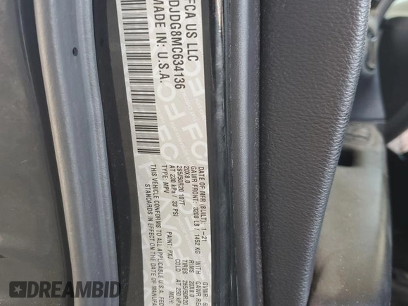 2021 Dodge Durango GT Plus with VIN 1C4RDJDG8MC634136, listed as a Copart auction lot 63127465 with 73,249 mi miles and Salvage title. Bid and sale history available at DreamBid. Image 14.