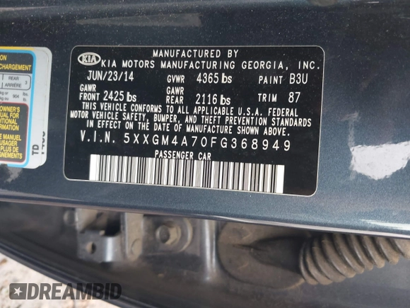 2015 Kia Optima LX with VIN 5XXGM4A70FG368949, listed as a IAAI auction lot 42393394 with 199,588 mi miles and . Bid and sale history available at DreamBid. Image 9.