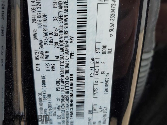 2021 Ford Escape SEL with VIN 1FMCU9H60MUA65018, listed as a Copart auction lot 60699275 with 102,828 mi miles and Clean title. Bid and sale history available at DreamBid. Image 14.