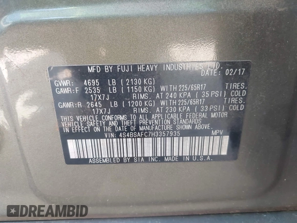 2017 Subaru Outback Premium z VIN 4S4BSAFC7H3357935, wystawiony jako IAAI lot #42413779 z przebiegiem 116 523 mil mil oraz . Historia ofert i sprzedaży dostępna na DreamBid. Obrazek 9.