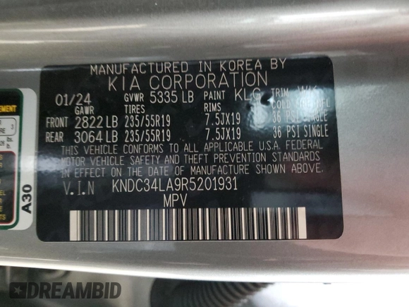 2024 Kia EV6 Wind with VIN KNDC34LA9R5201931, listed as a Copart auction lot 53256775 with 13,062 mi miles and Clean Title. Bid and sale history available at carsss.com. Image 14.