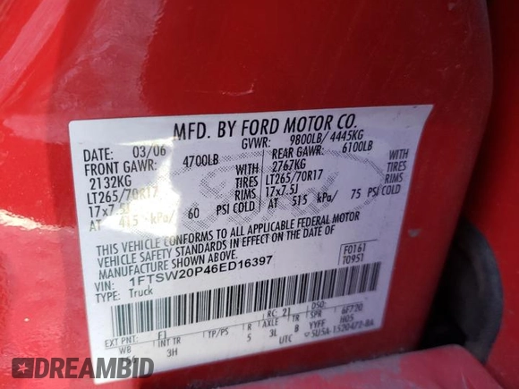 2006 Ford F-250 XL z VIN 1FTSW20P46ED16397, wystawiony jako Copart lot #46612415 z przebiegiem 221 967 mil mil oraz Szkoda całkowita • Salvage title. Historia ofert i sprzedaży dostępna na DreamBid. Obrazek 13.