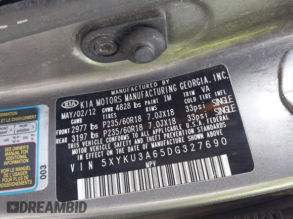 2013 Kia Sorento EX with VIN 5XYKU3A65DG327690, listed as a IAAI auction lot 41968107 with Not provided miles and . Bid and sale history available at DreamBid. Image 9.