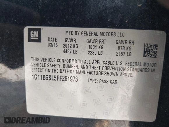 2015 Chevrolet Malibu LS with VIN 1G11B5SL5FF281973, listed as a IAAI auction lot 42069225 with 220,525 mi miles and . Bid and sale history available at DreamBid. Image 9.