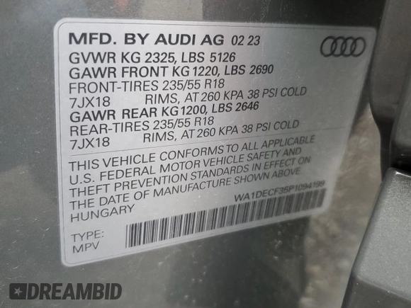 2023 Audi Q3 S line Premium z VIN WA1DECF35P1094199, wystawiony jako Copart lot #52099525 z przebiegiem 50 304 mil mil oraz Szkody całkowita. Historia ofert i sprzedaży dostępna na DreamBid. Obrazek 15.