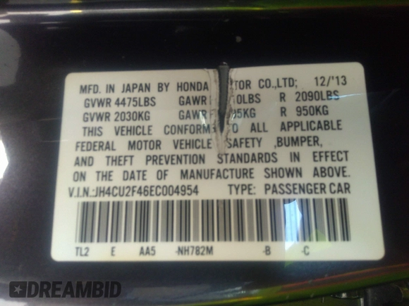 2014 Acura TSX with VIN JH4CU2F46EC004954, listed as a IAAI auction lot 41925494 with 116,340 mi miles and . Bid and sale history available at DreamBid. Image 9.