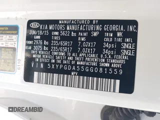 2016 Kia Sorento LX with VIN 5XYPGDA55GG081559, listed as a IAAI auction lot 41965683 with 94,177 mi miles. Bid and sale history available at carsss.com. Image 9.
