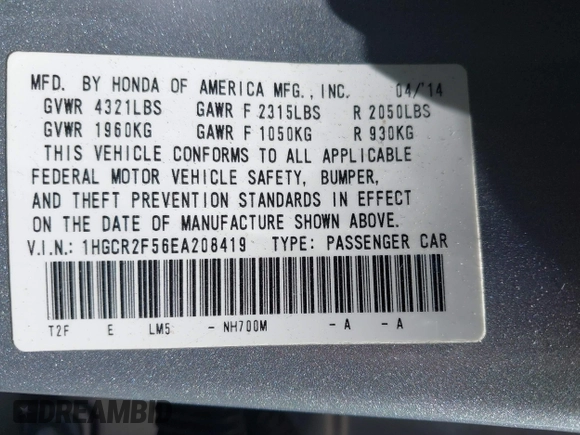 2014 Honda Accord Sport with VIN 1HGCR2F56EA208419, listed as a IAAI auction lot 41936540 with 148,514 mi miles and . Bid and sale history available at DreamBid. Image 9.