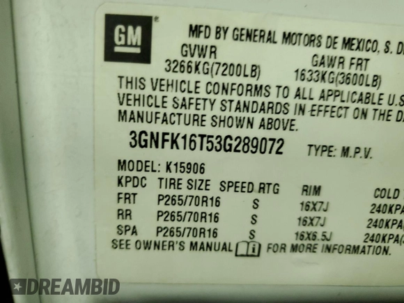 2003 Chevrolet Suburban Z71 with VIN 3GNFK16T53G289072, listed as a Copart auction lot 52262185 with Not provided miles and Non repairable. Bid and sale history available at DreamBid. Image 13.