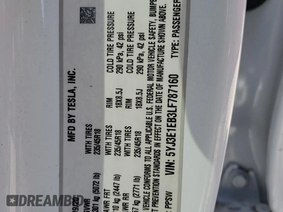 2020 Tesla Model 3 Long Range z VIN 5YJ3E1EB3LF787160, wystawiony jako Copart lot #58626965 z przebiegiem Nie podano mil oraz Szkoda całkowita • Salvage title. Historia ofert i sprzedaży dostępna na DreamBid. Obrazek 12.