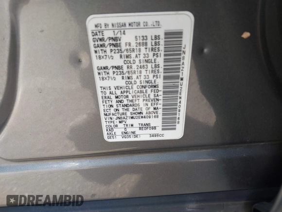 2014 Nissan Murano SV with VIN JN8AZ1MU2EW409168, listed as a IAAI auction lot 41402957 with 137,894 mi miles and . Bid and sale history available at DreamBid. Image 9.