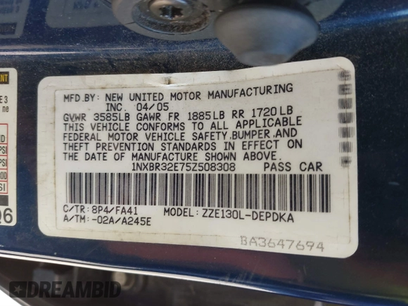 2005 Toyota Corolla CE with VIN 1NXBR32E75Z508308, listed as a IAAI auction lot 41900734 with 204,790 mi miles and . Bid and sale history available at DreamBid. Image 9.