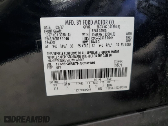 2017 Ford Explorer с VIN 1FM5K8B87HGC58189, выставлен на аукционе Copart как лот 55629625 с пробегом 164 889 миль миль и Списание • Salvage title. История ставок и продаж доступна на DreamBid. Изображение 13.
